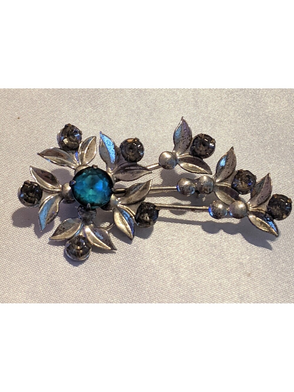 Lot Of 2 VTG Floral Brooches Pins Sterling Silver And Gold Tone Blue Crystals